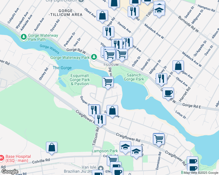 map of restaurants, bars, coffee shops, grocery stores, and more near 1085 Tillicum Road in Victoria