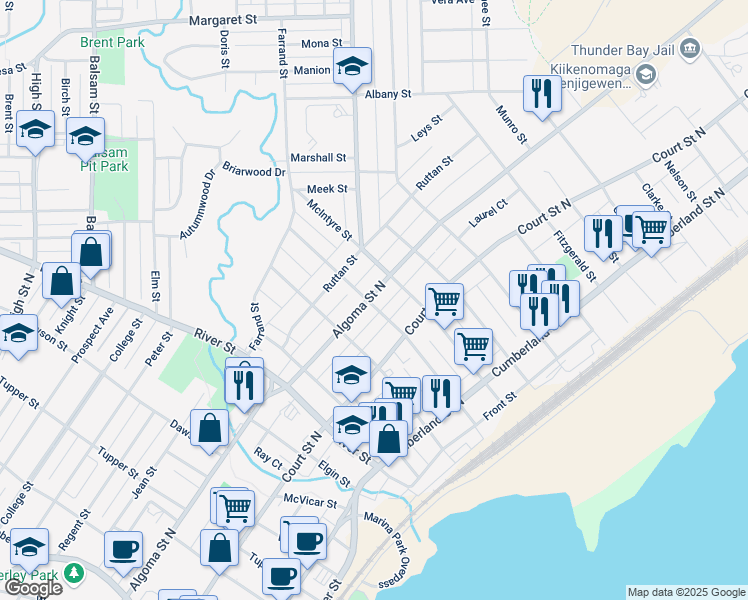 map of restaurants, bars, coffee shops, grocery stores, and more near 286 Algoma Street North in Thunder Bay