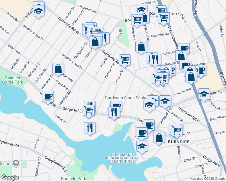 map of restaurants, bars, coffee shops, grocery stores, and more near 3066 Carroll Street in Victoria