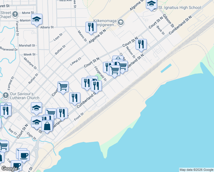 map of restaurants, bars, coffee shops, grocery stores, and more near 369 Cumberland Street North in Thunder Bay