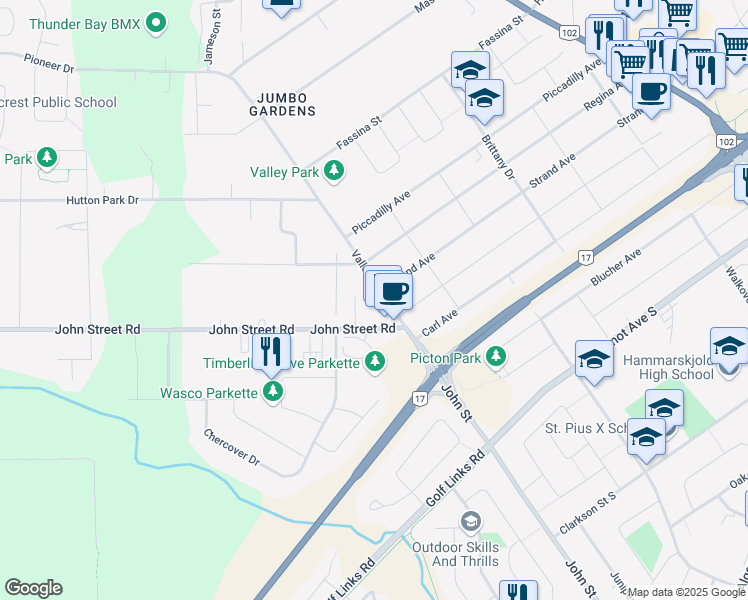 map of restaurants, bars, coffee shops, grocery stores, and more near 135 Valley Street in Thunder Bay