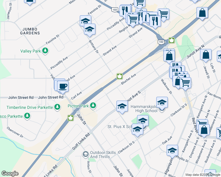 map of restaurants, bars, coffee shops, grocery stores, and more near 182 Blucher Avenue in Thunder Bay