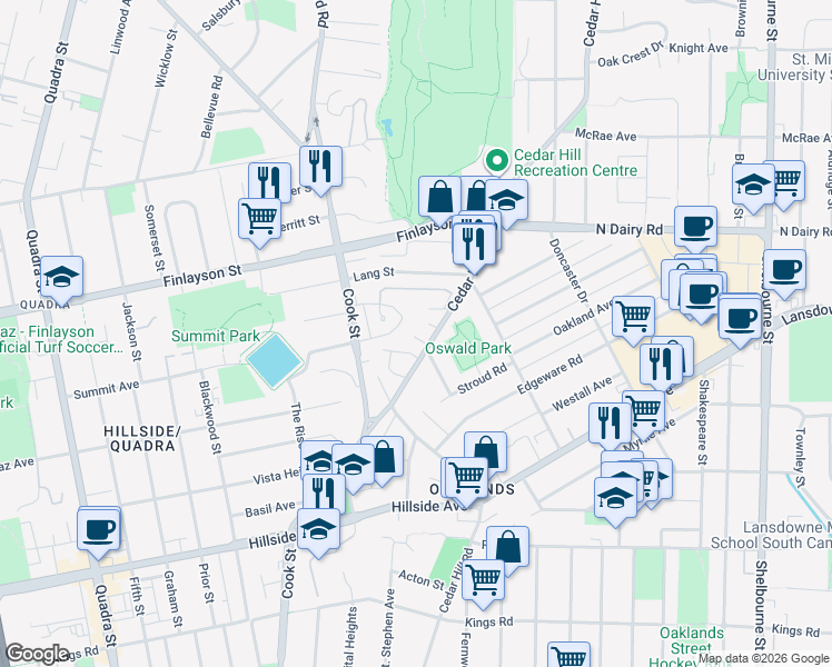 map of restaurants, bars, coffee shops, grocery stores, and more near 3006 Cedar Hill Road in Victoria