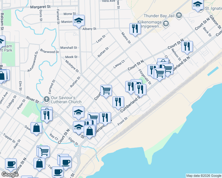 map of restaurants, bars, coffee shops, grocery stores, and more near Angus Street in Thunder Bay