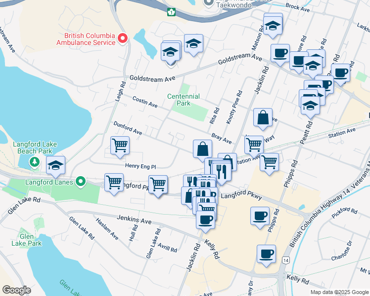 map of restaurants, bars, coffee shops, grocery stores, and more near 960 Dunford Avenue in Victoria