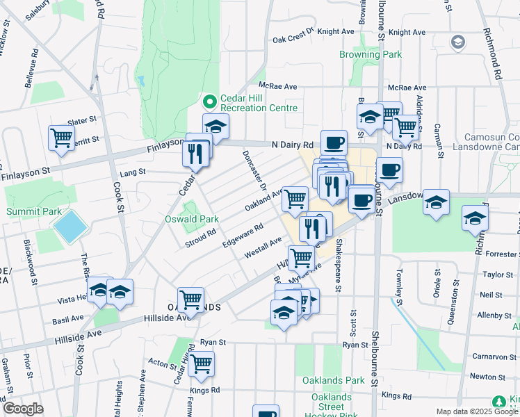 map of restaurants, bars, coffee shops, grocery stores, and more near 1555 Oakland Avenue in Victoria
