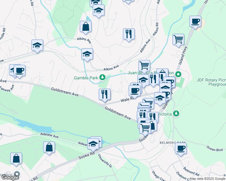 map of restaurants, bars, coffee shops, grocery stores, and more near Tamarack Road in Victoria