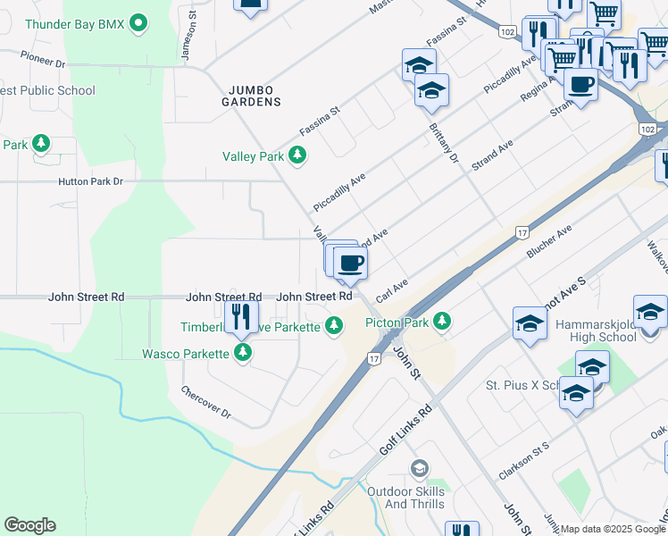 map of restaurants, bars, coffee shops, grocery stores, and more near 135 Valley Street in Thunder Bay