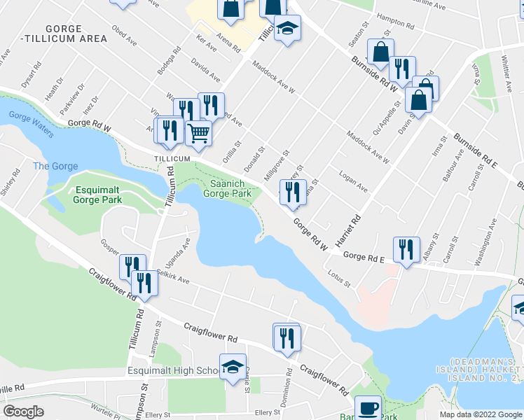 map of restaurants, bars, coffee shops, grocery stores, and more near 81 British Columbia 1A in Victoria