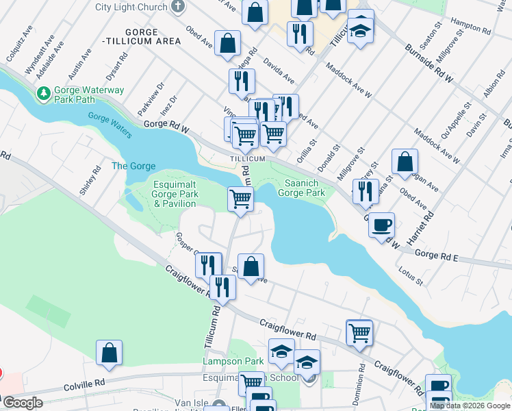 map of restaurants, bars, coffee shops, grocery stores, and more near 1085 Tillicum Road in Victoria