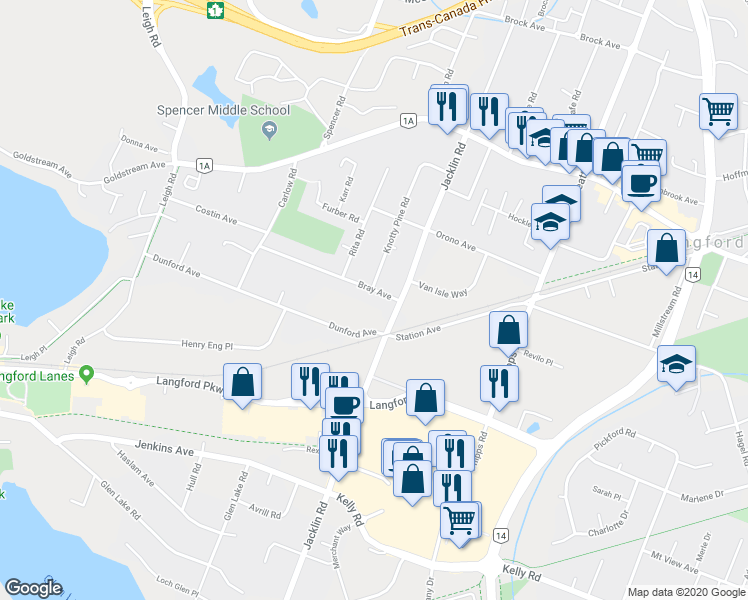 map of restaurants, bars, coffee shops, grocery stores, and more near 917 Bray Avenue in Victoria