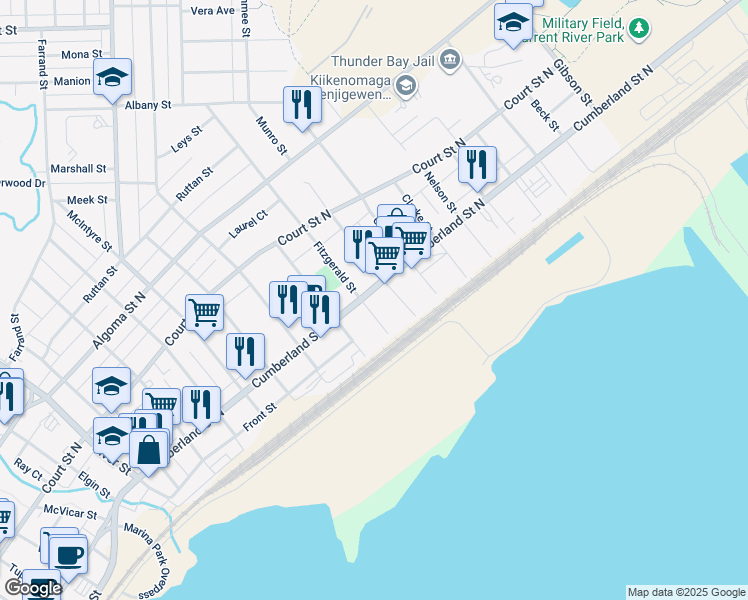 map of restaurants, bars, coffee shops, grocery stores, and more near 195 Fitzgerald Street in Thunder Bay