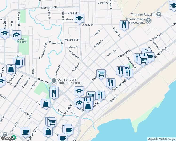 map of restaurants, bars, coffee shops, grocery stores, and more near 309 Algoma Street North in Thunder Bay