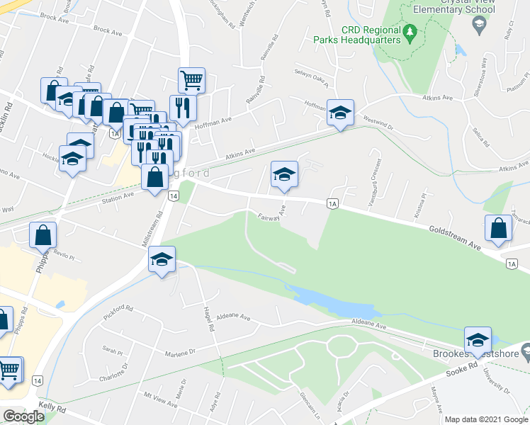 map of restaurants, bars, coffee shops, grocery stores, and more near 616 Fairway Avenue in Victoria