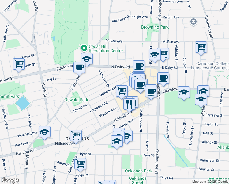 map of restaurants, bars, coffee shops, grocery stores, and more near 2919 Doncaster Drive in Victoria