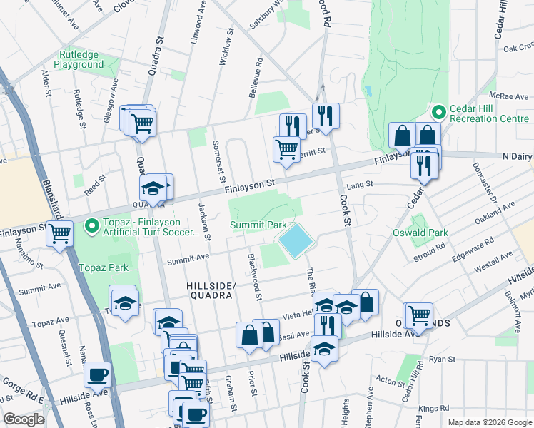 map of restaurants, bars, coffee shops, grocery stores, and more near 1245 Summit Avenue in Victoria
