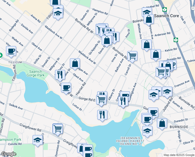 map of restaurants, bars, coffee shops, grocery stores, and more near 204 Chown Place in Victoria