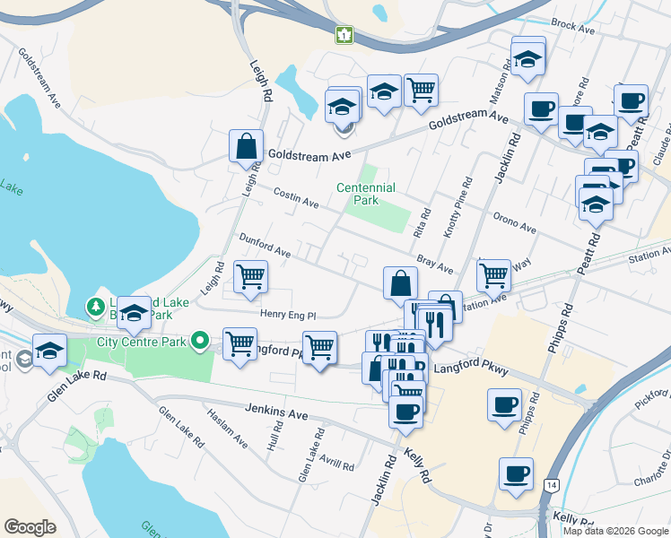 map of restaurants, bars, coffee shops, grocery stores, and more near in Langford