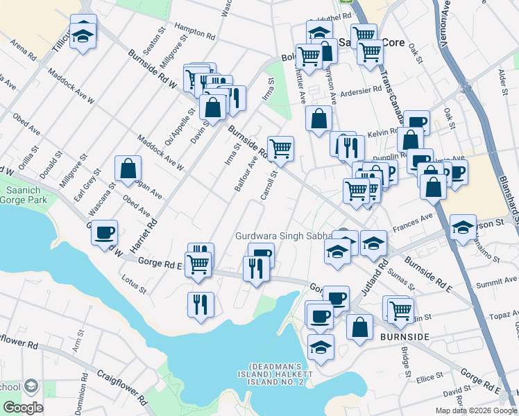 map of restaurants, bars, coffee shops, grocery stores, and more near 3066 Carroll Street in Victoria