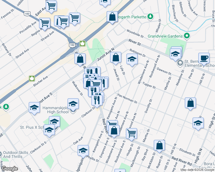 map of restaurants, bars, coffee shops, grocery stores, and more near 25 Melon Street in Thunder Bay