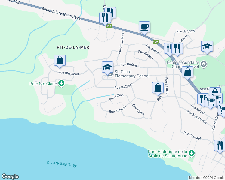 map of restaurants, bars, coffee shops, grocery stores, and more near 301 Rue Vallières in Saguenay