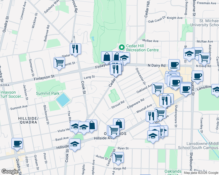 map of restaurants, bars, coffee shops, grocery stores, and more near 3031 Cedar Hill Road in Victoria