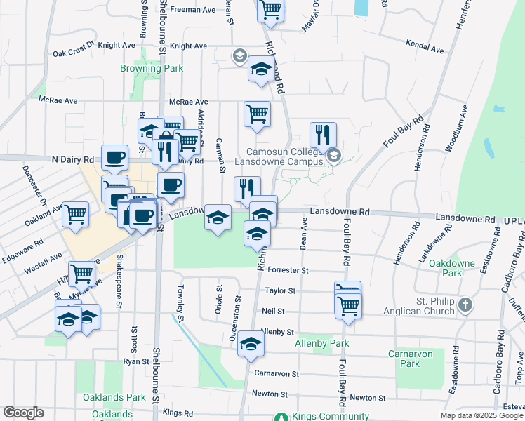 map of restaurants, bars, coffee shops, grocery stores, and more near Lansdowne Road in Victoria