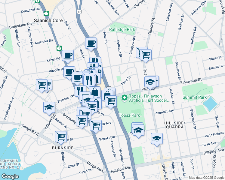 map of restaurants, bars, coffee shops, grocery stores, and more near 3122 Alder Street in Victoria