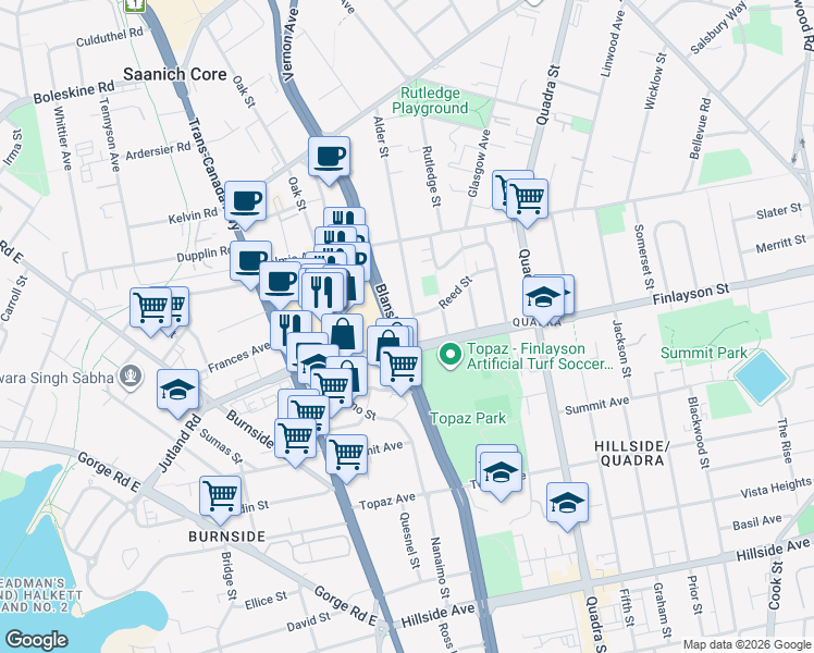 map of restaurants, bars, coffee shops, grocery stores, and more near 3122 Alder Street in Victoria
