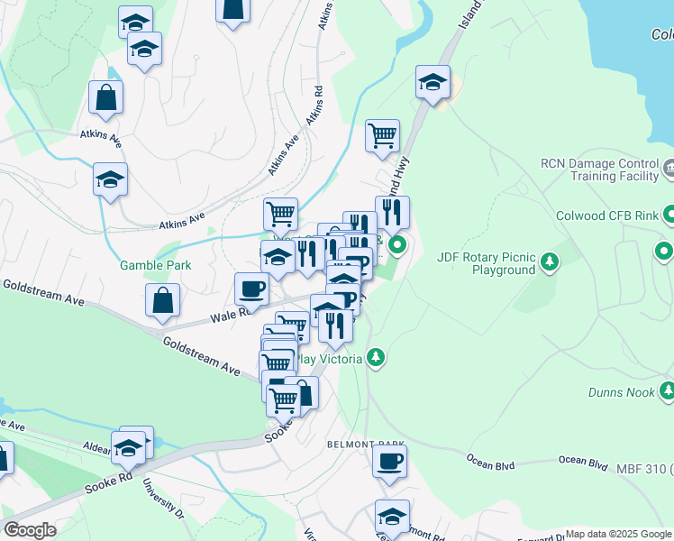 map of restaurants, bars, coffee shops, grocery stores, and more near 314 Wale Rd in Colwood