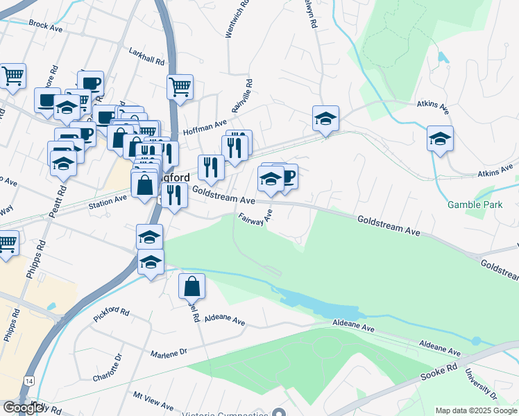 map of restaurants, bars, coffee shops, grocery stores, and more near 616 Fairway Avenue in Victoria