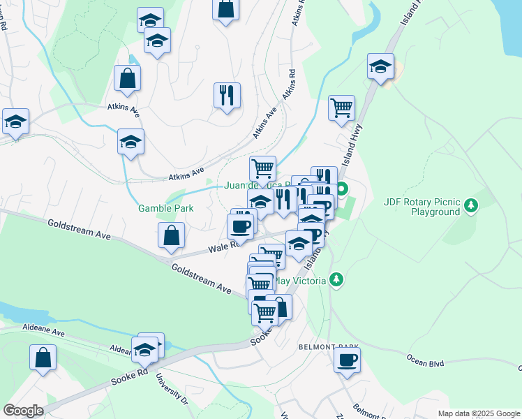 map of restaurants, bars, coffee shops, grocery stores, and more near 2676 Wilfert Road in Victoria
