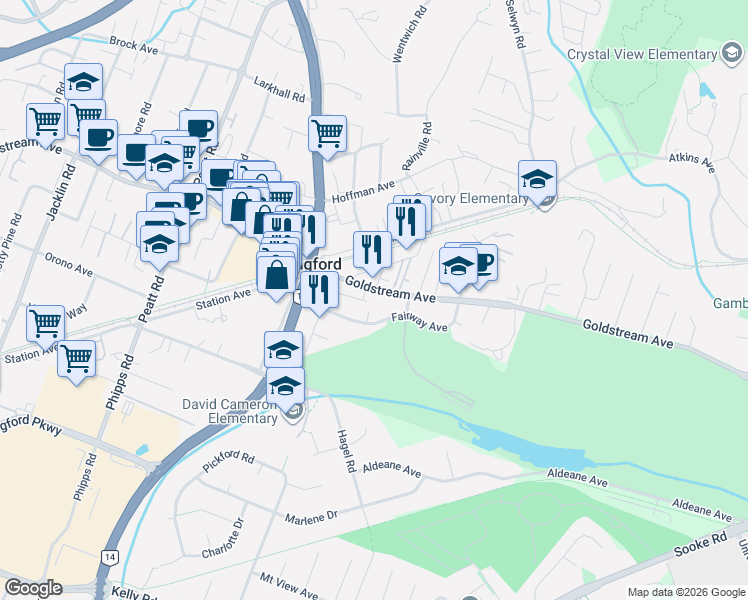 map of restaurants, bars, coffee shops, grocery stores, and more near 129 Goldstream Avenue in Victoria