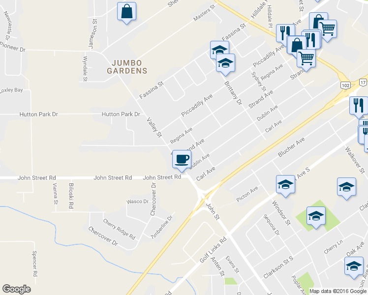 map of restaurants, bars, coffee shops, grocery stores, and more near 626 Strand Avenue in Thunder Bay
