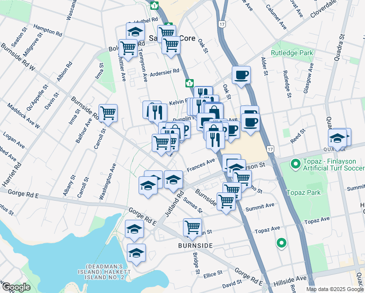 map of restaurants, bars, coffee shops, grocery stores, and more near 554 Alpha Street in Victoria