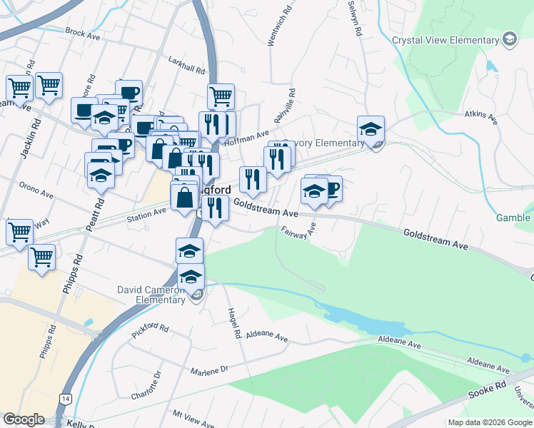 map of restaurants, bars, coffee shops, grocery stores, and more near 647 Goldstream Avenue in Langford