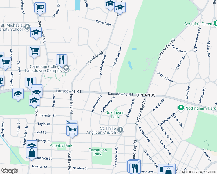 map of restaurants, bars, coffee shops, grocery stores, and more near 3109 Henderson Road in Victoria