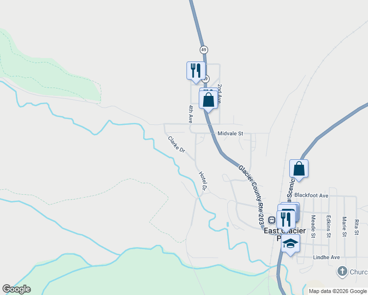 map of restaurants, bars, coffee shops, grocery stores, and more near 800-964 Clarke Dr in East Glacier Park Village