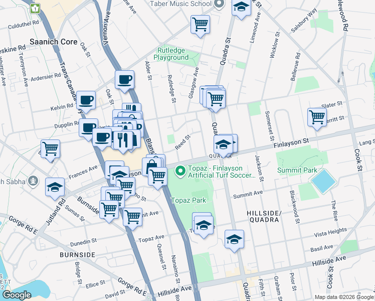 map of restaurants, bars, coffee shops, grocery stores, and more near 3122 Yew Street in Victoria