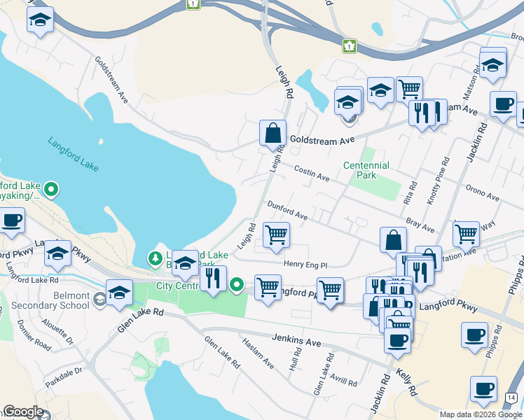map of restaurants, bars, coffee shops, grocery stores, and more near 1080 Dunford Avenue in Victoria