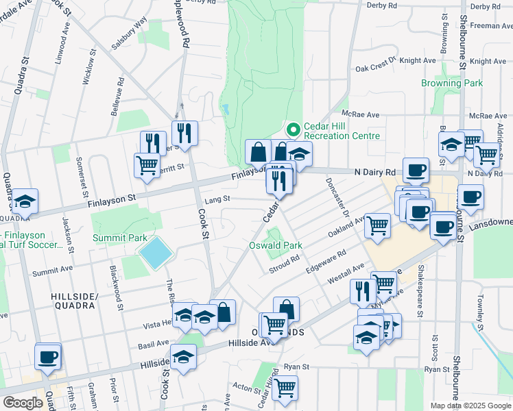 map of restaurants, bars, coffee shops, grocery stores, and more near 1479 Lang Street in Victoria