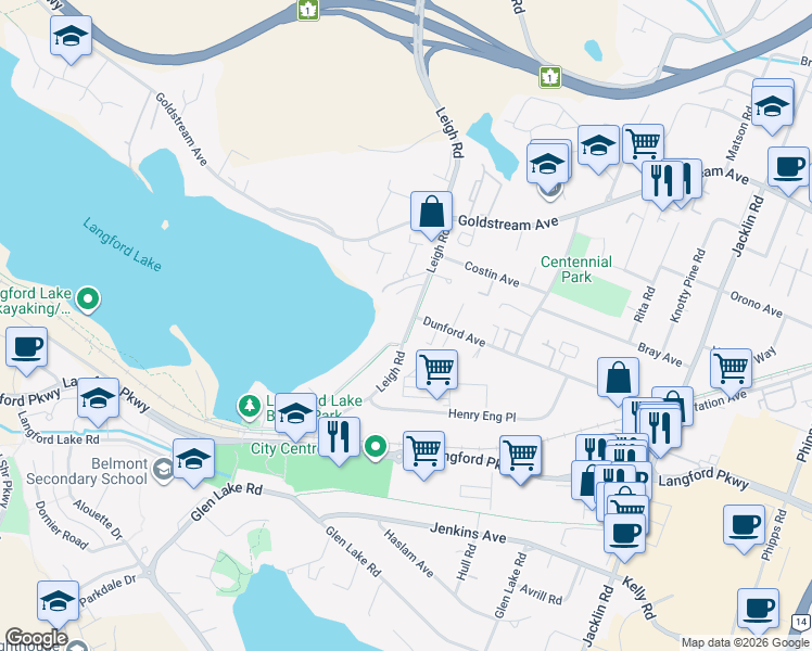 map of restaurants, bars, coffee shops, grocery stores, and more near 2904 Leigh Road in Victoria