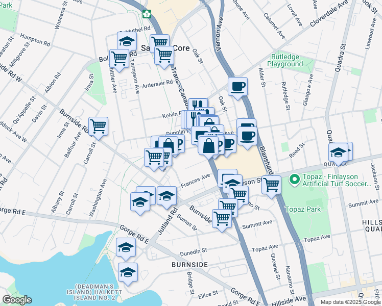 map of restaurants, bars, coffee shops, grocery stores, and more near 661 Alpha Street in Victoria