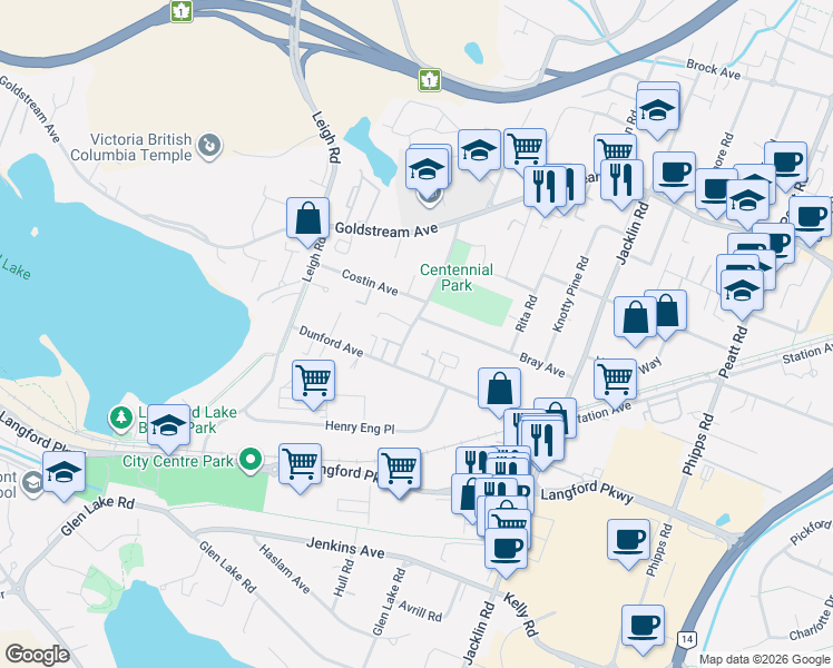 map of restaurants, bars, coffee shops, grocery stores, and more near 2879 Carlow Road in Victoria