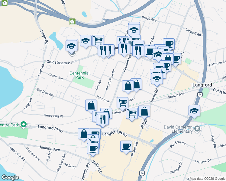 map of restaurants, bars, coffee shops, grocery stores, and more near 2866 Jacklin Road in Victoria
