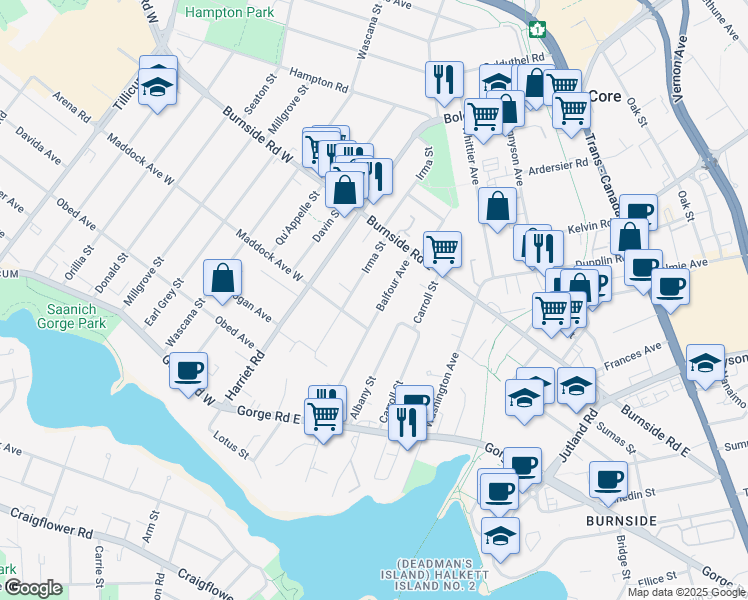 map of restaurants, bars, coffee shops, grocery stores, and more near 3126 Balfour Avenue in Victoria
