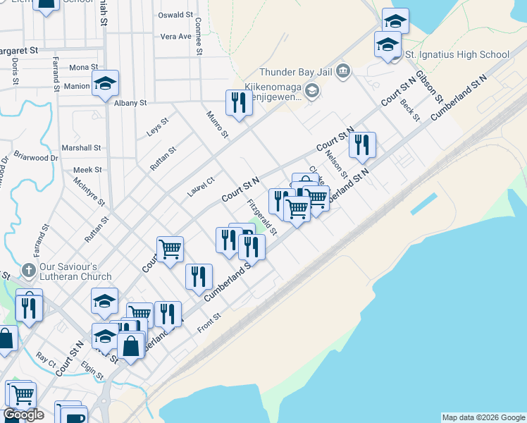 map of restaurants, bars, coffee shops, grocery stores, and more near 232 Fitzgerald Street in Thunder Bay