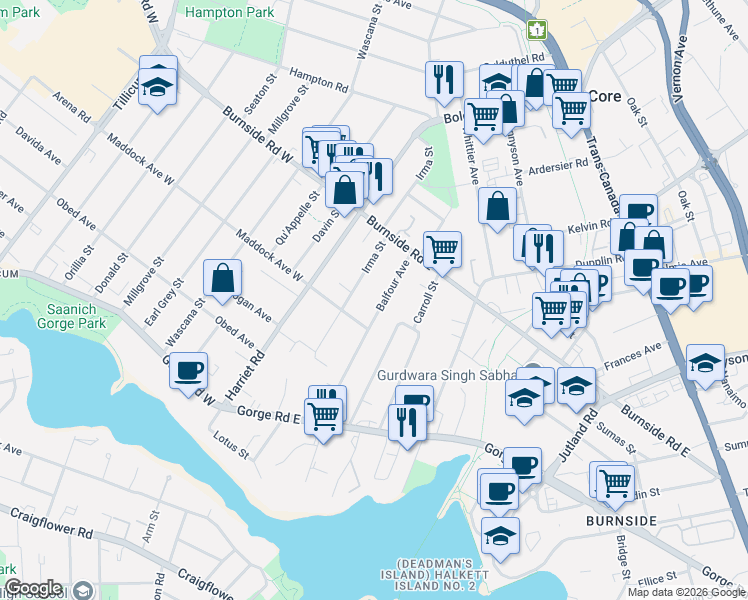 map of restaurants, bars, coffee shops, grocery stores, and more near 3126 Balfour Avenue in Victoria