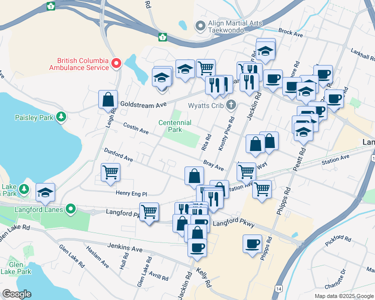map of restaurants, bars, coffee shops, grocery stores, and more near 954 Bray Avenue in Victoria