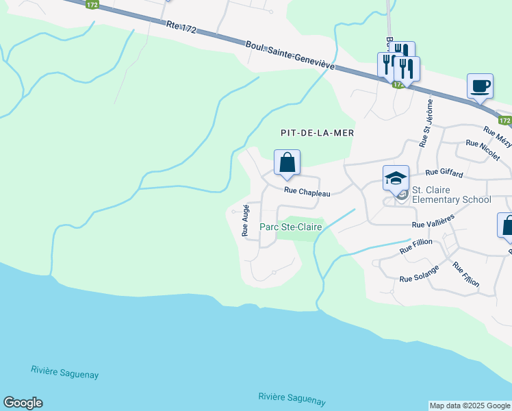 map of restaurants, bars, coffee shops, grocery stores, and more near 184 Rue Augé in Saguenay